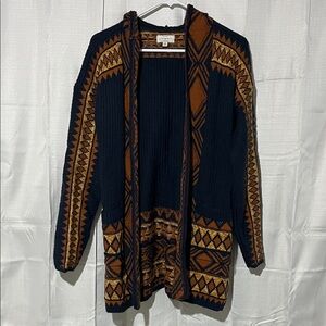 Lucky Brand Geometric Navy, burnt orange and golden yellow Cardigan size small